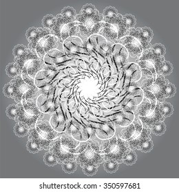 Vector decorative white pattern on grey background in round. Stylized silver tree