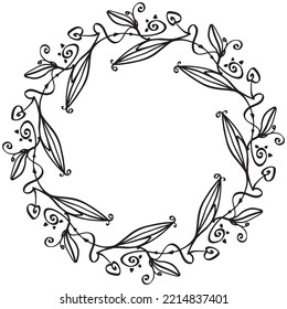 La corona decorativa vectorial de ramas de corazones y remolinos - líneas negras sobre blanco. Doodles.