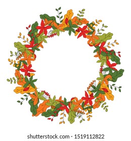 Vector decorative wreath of bright colorful leaves. Autumn colors - red, green, yellow. Orange. Botanical doodling. Hand drawing. Isolated object on a white background.