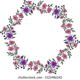 Vector decorative wreath of colorful flowers. Botanical doodling. Hand drawing. Isolated object on white background. Bright color.