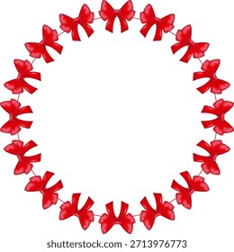 Vector decorative wreath composed of glossy red ribbon bows with smooth gradient shading, arranged in a circular shape as an isolated clipart element