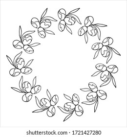 Vector decorative wreath drawn by hand. Black outline drawing of a round frame with berries on a white background. Template for a greeting card or label with space for text.