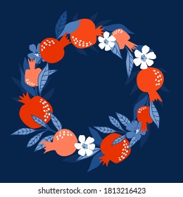 Vector decorative wreath with juicy and bright pomegranates. Place for your text. For menus, posters, stickers, postcards, wrapping paper, textiles, interior decor. Cartoon design.