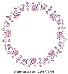 Vector decorative wreath from with leaves and hearts - doodles, pink colors. Love, wedding, St Valentine's Day card.