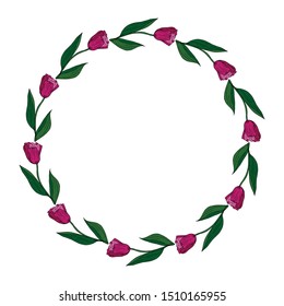 Vector decorative wreath of pink tulips. Simple doodle style. Botanical doodling. Isolated object on a white background.