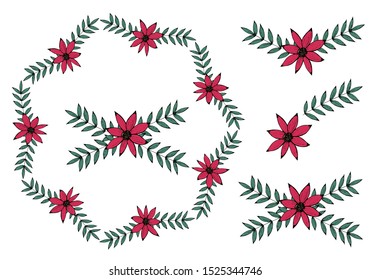 Vector decorative wreath of red flowers. the elements of the wreath. Botanical doodling. Hand drawing. Isolated objects on a white background.