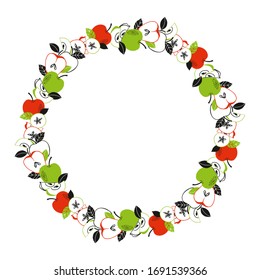 Vector decorative wreath with red and green apple, apple slice, leaves. Place for your text. Can be used for menu, shop, poster, sticker, postcard. Cartoon design