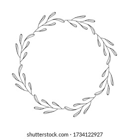 Vector decorative wreath, round frame of leaves. Greeting card template. The background for the label, keep the date. Outline black-and-white image.