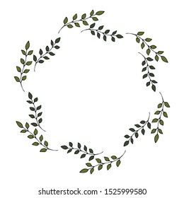 Vector decorative wreath of twigs of green leaves. Botanical doodling. Hand drawing. Isolated object on white background.