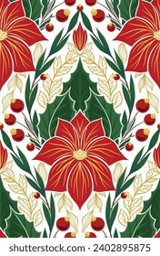 Vector decorative xmas pattern with poinsettia flowers in tile. Holiday textile. Seamless tracery texture with Christmas flowers with foliage, berries and branches for wallpaper, wrapping paper.