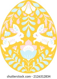 Vector Decorative Yellow Folk Art Easter Egg Illustration with Bunnies