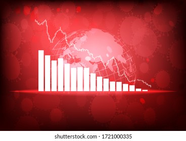 Vector : Disminución de los gráficos de negocios con virus y mundo sobre fondo rojo