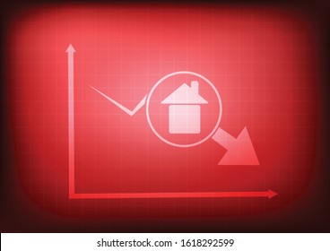 Vector : Decreasing business with house icon on red background
