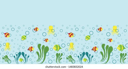 Vector deep blue sea wonder with bubbles border repeat pattern background. Perfect use for fabric, packaging, giftwrap, ribbon, homedecor, greeting etc.