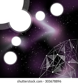 Vector deep night sky, space background with stars and purple galaxies. Vector template for web design or presentation, space to infographic.