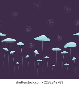 Vector deep purple seamless pattern: Spirits Departing. Tiny ghostly mandalas emerging from rows of dainty bluish mushrooms on a dark purple background. Part of Spirit Flowers collection.