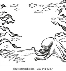 vector deep seafloor with algae, plants, branches and leaves, tropical fish, starfish, octopus on sand under sea, ocean, black and white illustration of under sea wildlife, frame for marine picture