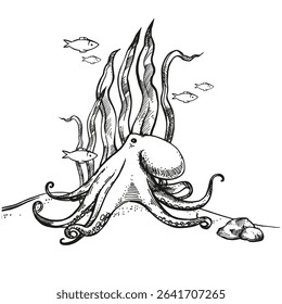 vector deep seafloor with algae, plants, branches and leaves, tropical fish, starfish, octopus on sand under sea, ocean, black and white illustration of under sea wildlife, composition for marine