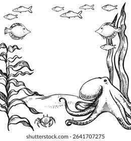 vector deep seafloor with algae, plants, branches and leaves, tropical fish, starfish, octopus on sand under sea, ocean, black and white illustration of under sea wildlife, template, frame for marine