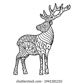 Vector deer with abstract ethnic pattern, coloring page for kids and adults, zenart