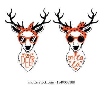 Vector deer animal set in red sunglasses and headbands. Oh la la and Oh deer funny lettering quotes. Trendy fashion apparel print design, home decoration typography poster with text