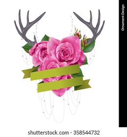 Vector of deer antler with pink rose