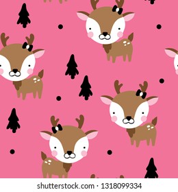 vector deer background pattern with funny deers and trees for fabric, textile, background