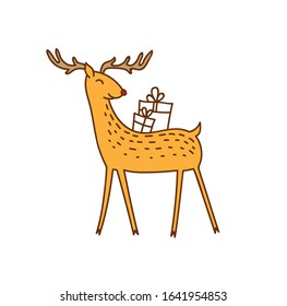 Vector Сгеу Deer Bringing Gifts, Happy Brown Reindeer with Present Boxes on his Back Vector Illustration Isolated on White Background, Winter Holidays Christmas Clip Art