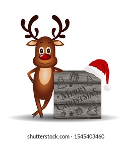 Vector deer in a Christmas hat. Merry Christmas.