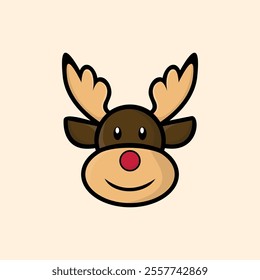 vector deer with a cute smile in brown and a red nose