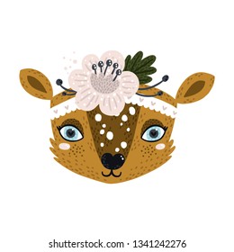 Vector deer face Animal clipart isolated on white background Woodland character with flower and leaves