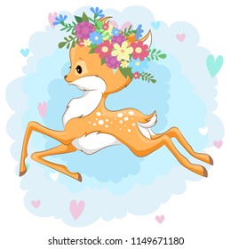 Vector deer in a flower wreath on background with hearts can be used for baby t-shirt design, fashion print, cards, design element for children's clothes. Cute baby animal 