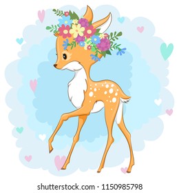 Vector deer in a flower wreath on background with hearts can be used for baby t-shirt design, fashion print, cards, design element for children's clothes. Cute baby animal 