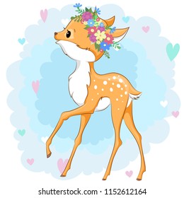 Vector deer in a flower wreath on background with hearts can be used for baby t-shirt design, fashion print, cards, design element for children's clothes. Cute baby animal 