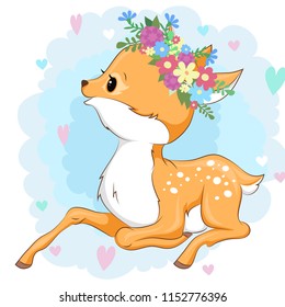 Vector deer in a flower wreath on background with hearts can be used for baby t-shirt design, fashion print, cards, design element for children's clothes. Cute baby animal 