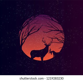 vector deer and forest illustration, glowing sky and bare branches silhouette in circle frame