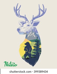 vector deer in forest on nature background