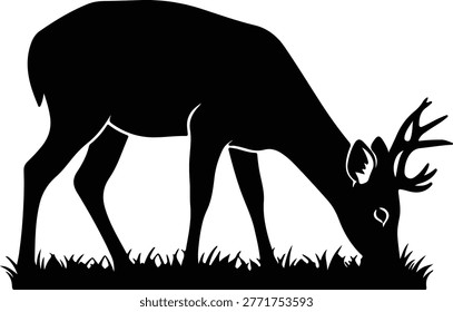 Vector Deer grazing on grass wild animal silhouette illustration