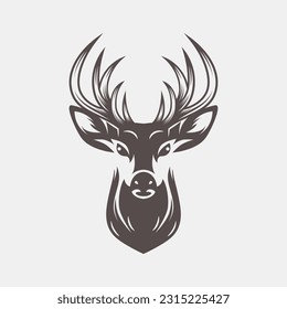 Vector Deer Head with Horns, Antlers. Hand Drawn Black and White Portrait of Reindeer with Outline, Front View. Design Template for Wildlife, Hunters, Hipster, Christmas, New Year Concept
