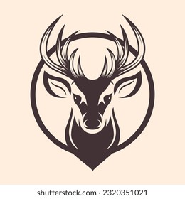 Vector Deer Head with Horns, Antlers. Hand Drawn Black and White Portrait of Reindeer with Outline, Front View. Design Template for Wildlife, Hunters, Hipster, Christmas, New Year Concept