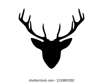 Vector deer head with horns and ears silhouette isolated on white. Black shape of deer head.