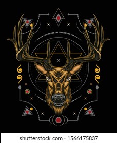 Vector Deer head illustration with ornament design on the dark background in serious face. T shirt design, Logo, mascot, wall decoration.