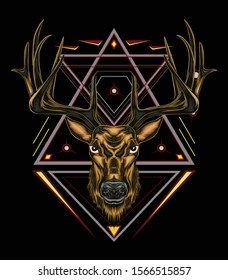 Vector Deer head illustration with ornament design on the dark background in serious face. T shirt design, Logo, mascot, wall decoration.