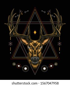 Vector Deer head illustration with ornament design on the dark background in serious face. T shirt design, Logo, mascot, wall decoration.