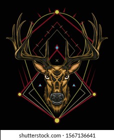 Vector Deer head illustration with ornament design on the dark background in serious face. T shirt design, Logo, mascot, wall decoration.