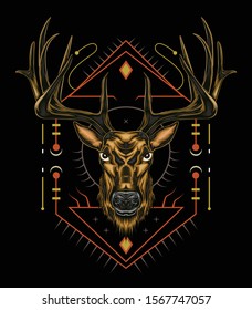 Vector Deer head illustration with ornament design on the dark background in serious face. T shirt design, Logo, mascot, wall decoration.
