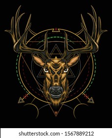 Vector Deer head illustration with ornament design on the dark background in serious face. T shirt design, Logo, mascot, wall decoration.