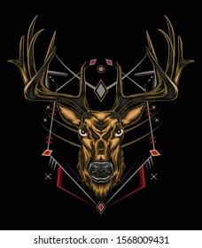 Vector Deer head illustration with ornament design on the dark background in serious face. T shirt design, Logo, mascot, wall decoration.