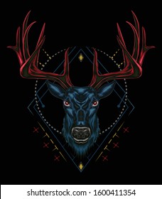 Vector Deer head illustration with ornament design on the dark background in serious face. T shirt design, Logo, mascot, wall decoration.