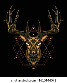 Vector Deer head illustration with ornament design on the dark background in serious face. T shirt design, Logo, mascot, wall decoration.